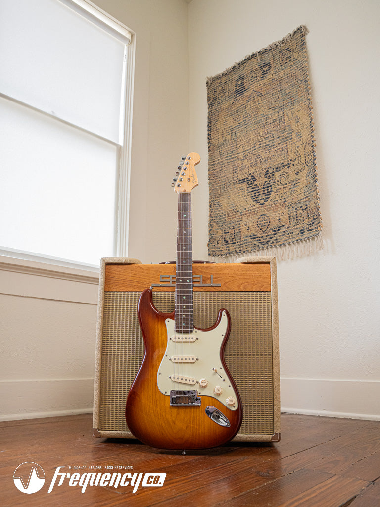 Fender American Deluxe Ash Stratocaster with a Premium Ash Body Finished in a Tabacco Sunburst