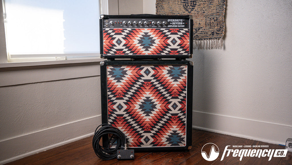 Amplified Nation Overdrive Reverb 50 Watt Guitar Amplifier and Matching Cabinet in Black Suede and Aztec - 2024