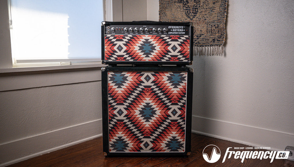Amplified Nation Overdrive Reverb 50 Watt Guitar Amplifier and Matching Cabinet in Black Suede and Aztec - 2024