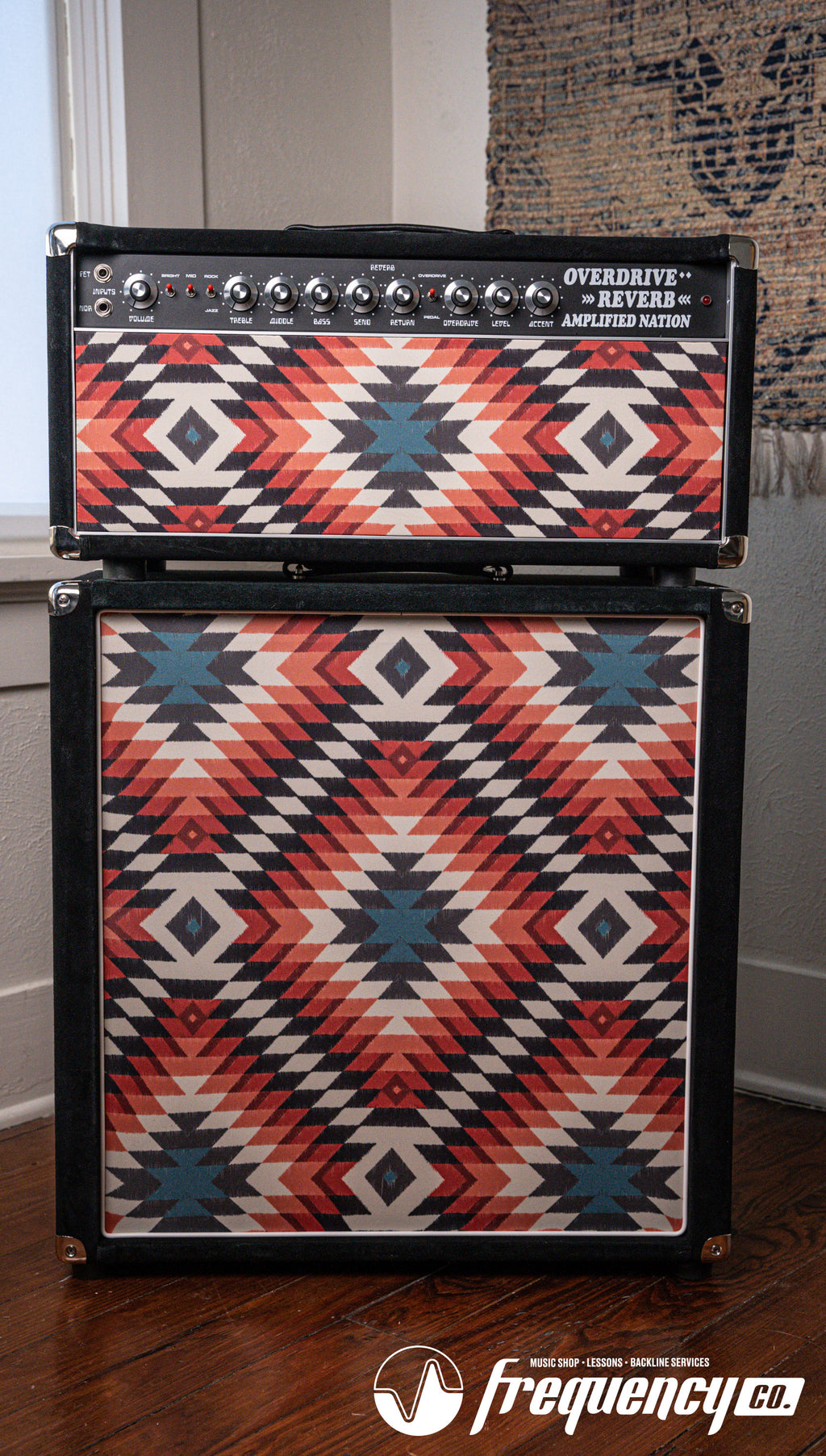 Amplified Nation Overdrive Reverb 50 Watt Guitar Amplifier and Matching Cabinet in Black Suede and Aztec - 2024