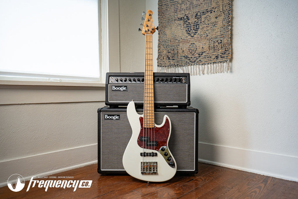 Gregg Guitars PJ5 Bass in Olympic White with an Chambered Ash Body and Roasted Flamed Maple Neck