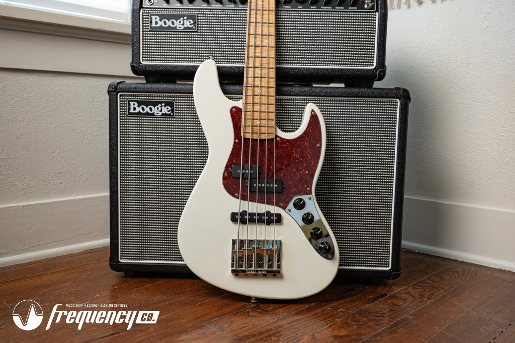 Gregg Guitars PJ5 Bass in Olympic White with an Chambered Ash Body and Roasted Flamed Maple Neck