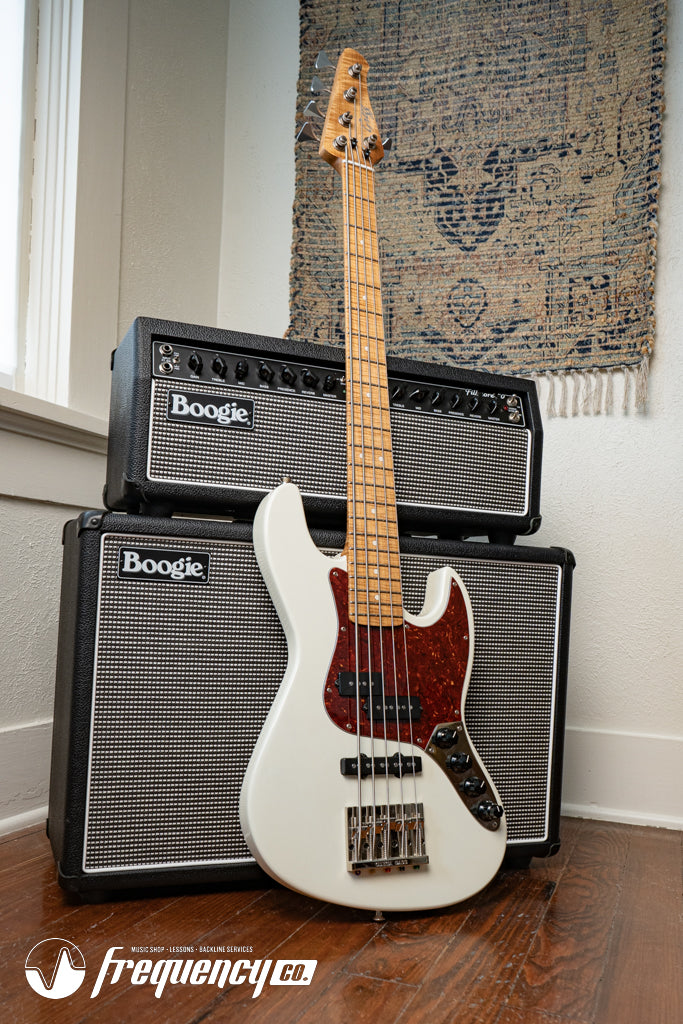 Gregg Guitars PJ5 Bass in Olympic White with an Chambered Ash Body and Roasted Flamed Maple Neck