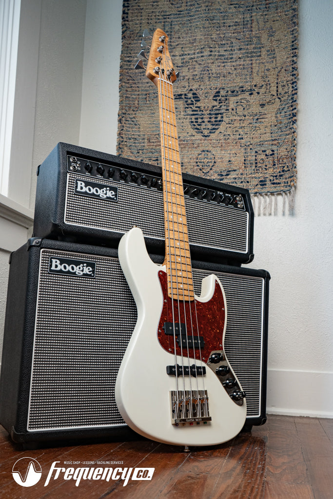 Gregg Guitars PJ5 Bass in Olympic White with an Chambered Ash Body and Roasted Flamed Maple Neck