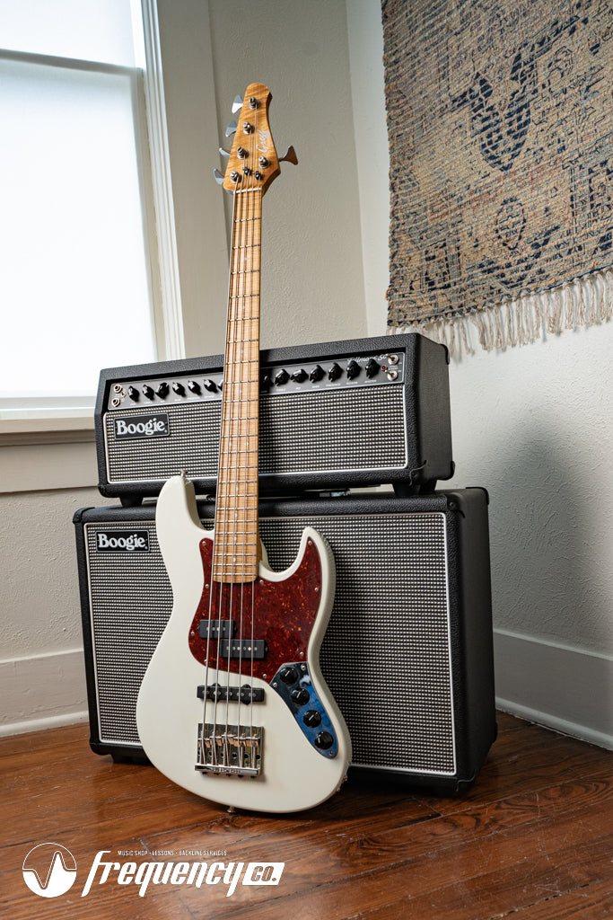 Gregg Guitars PJ5 Bass in Olympic White with an Chambered Ash Body and Roasted Flamed Maple Neck