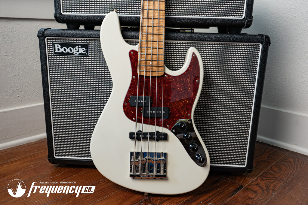 Gregg Guitars PJ5 Bass in Olympic White with an Chambered Ash Body and Roasted Flamed Maple Neck
