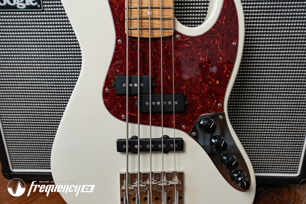 Gregg Guitars PJ5 Bass in Olympic White with an Chambered Ash Body and Roasted Flamed Maple Neck