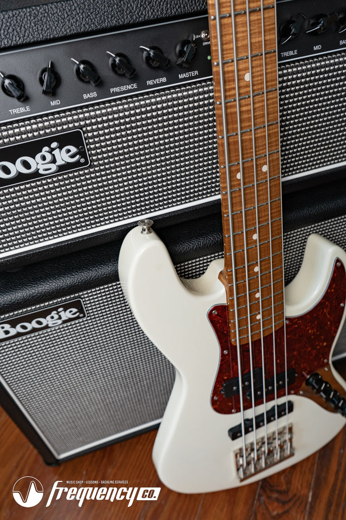 Gregg Guitars PJ5 Bass in Olympic White with an Chambered Ash Body and Roasted Flamed Maple Neck