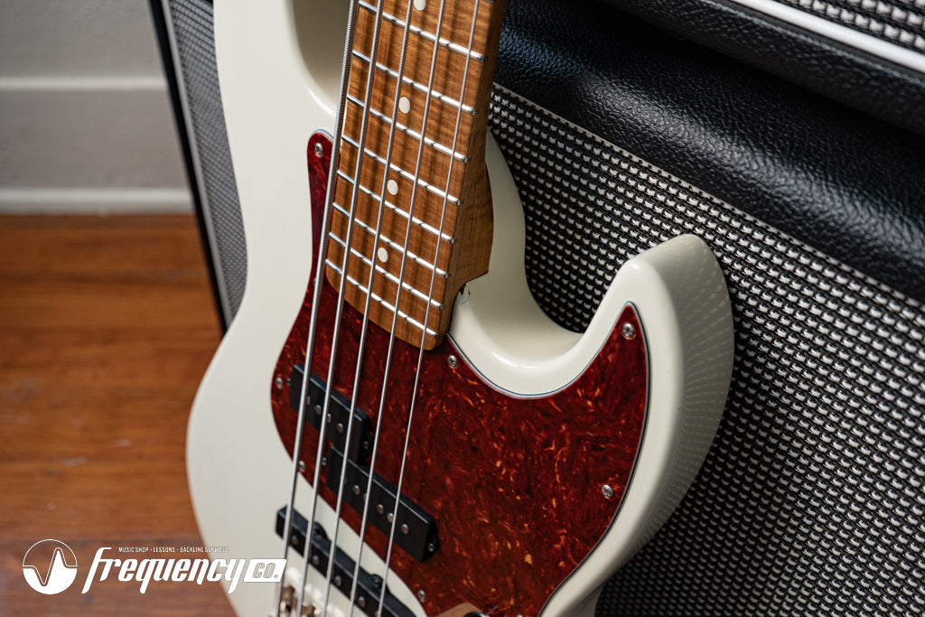 Gregg Guitars PJ5 Bass in Olympic White with an Chambered Ash Body and Roasted Flamed Maple Neck
