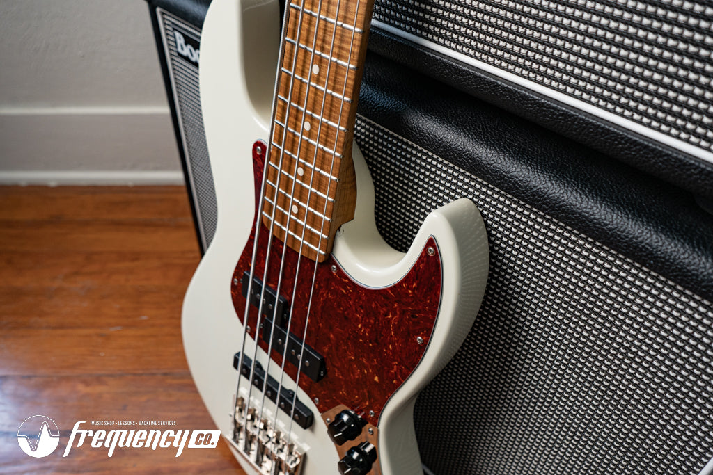 Gregg Guitars PJ5 Bass in Olympic White with an Chambered Ash Body and Roasted Flamed Maple Neck