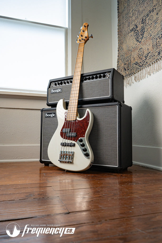 Gregg Guitars PJ5 Bass in Olympic White with an Chambered Ash Body and Roasted Flamed Maple Neck