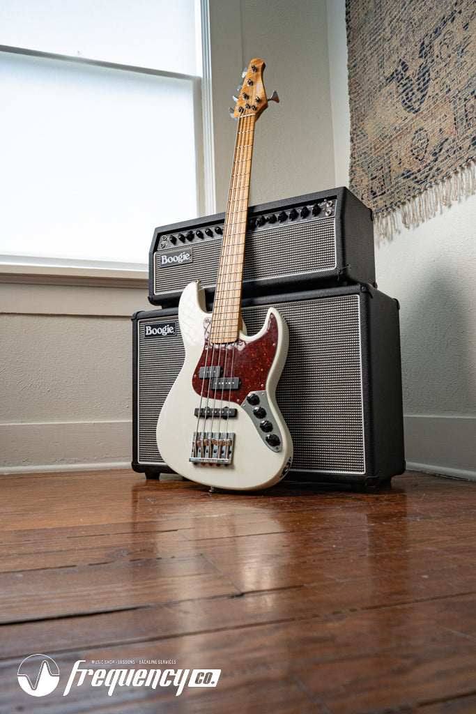 Gregg Guitars PJ5 Bass in Olympic White with an Chambered Ash Body and Roasted Flamed Maple Neck
