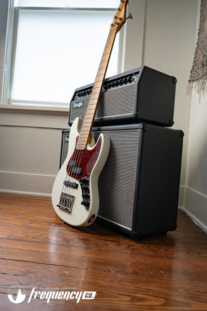 Gregg Guitars PJ5 Bass in Olympic White with an Chambered Ash Body and Roasted Flamed Maple Neck
