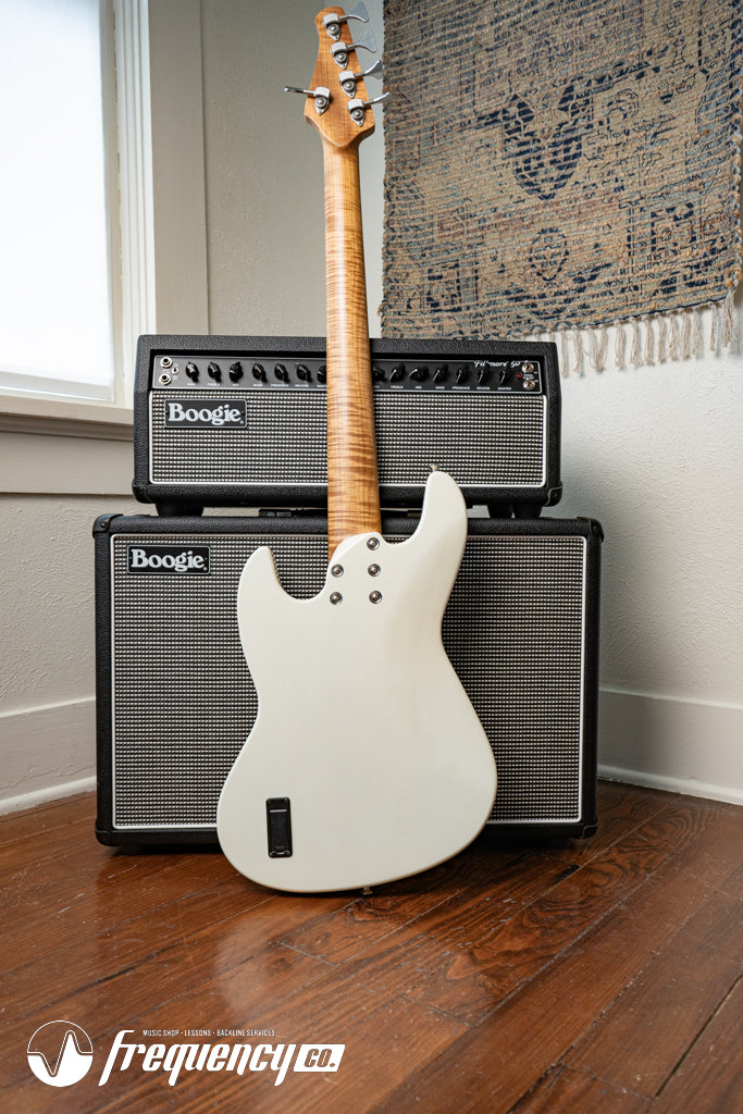 Gregg Guitars PJ5 Bass in Olympic White with an Chambered Ash Body and Roasted Flamed Maple Neck