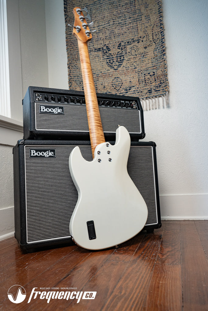 Gregg Guitars PJ5 Bass in Olympic White with an Chambered Ash Body and Roasted Flamed Maple Neck