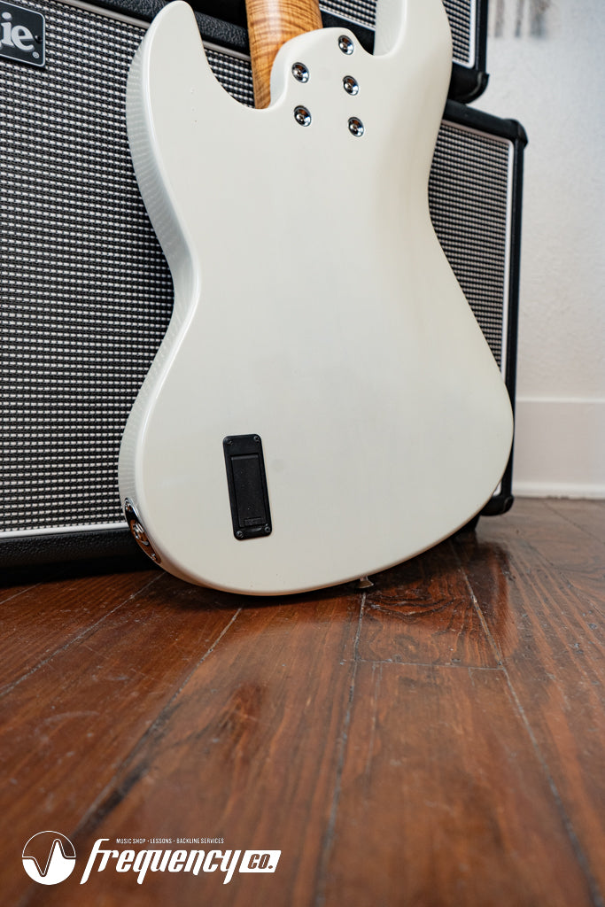 Gregg Guitars PJ5 Bass in Olympic White with an Chambered Ash Body and Roasted Flamed Maple Neck