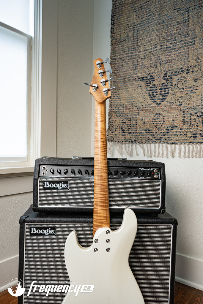 Gregg Guitars PJ5 Bass in Olympic White with an Chambered Ash Body and Roasted Flamed Maple Neck