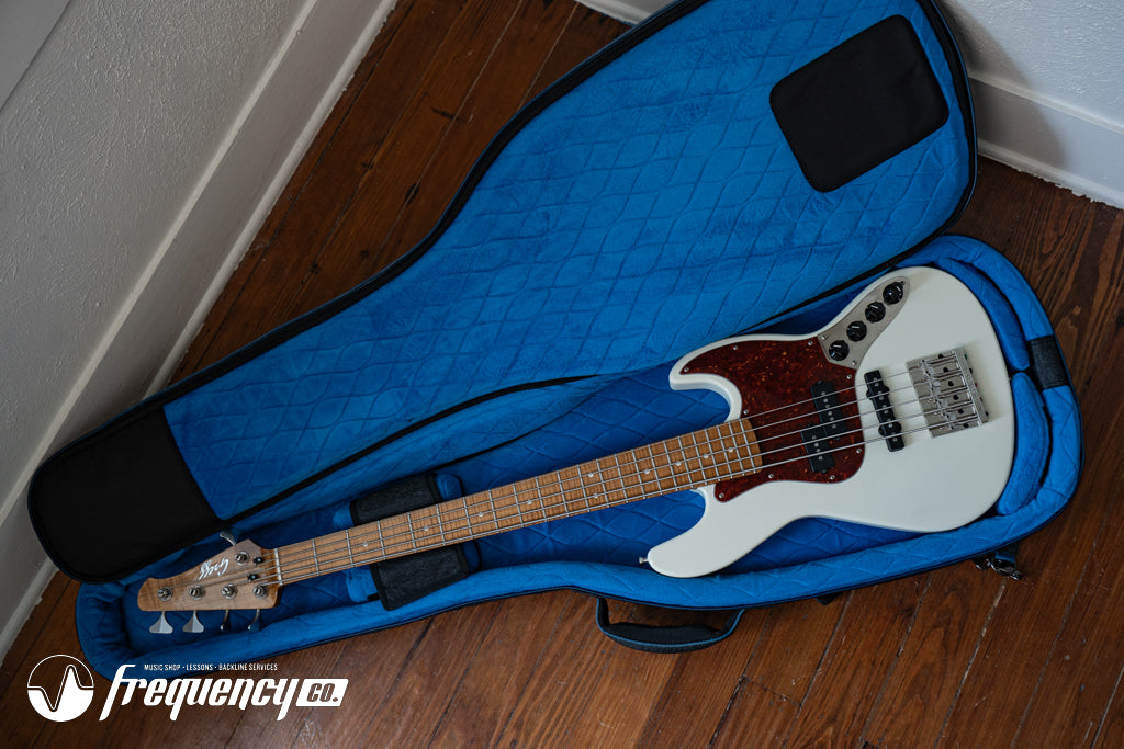 Gregg Guitars PJ5 Bass in Olympic White with an Chambered Ash Body and Roasted Flamed Maple Neck
