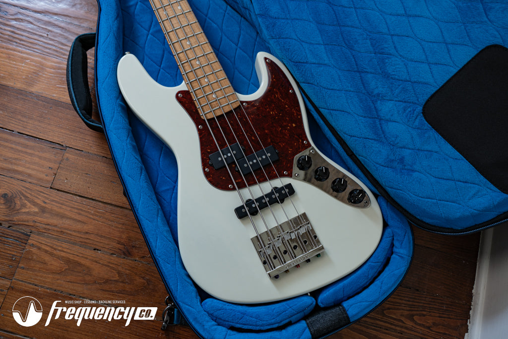 Gregg Guitars PJ5 Bass in Olympic White with an Chambered Ash Body and Roasted Flamed Maple Neck